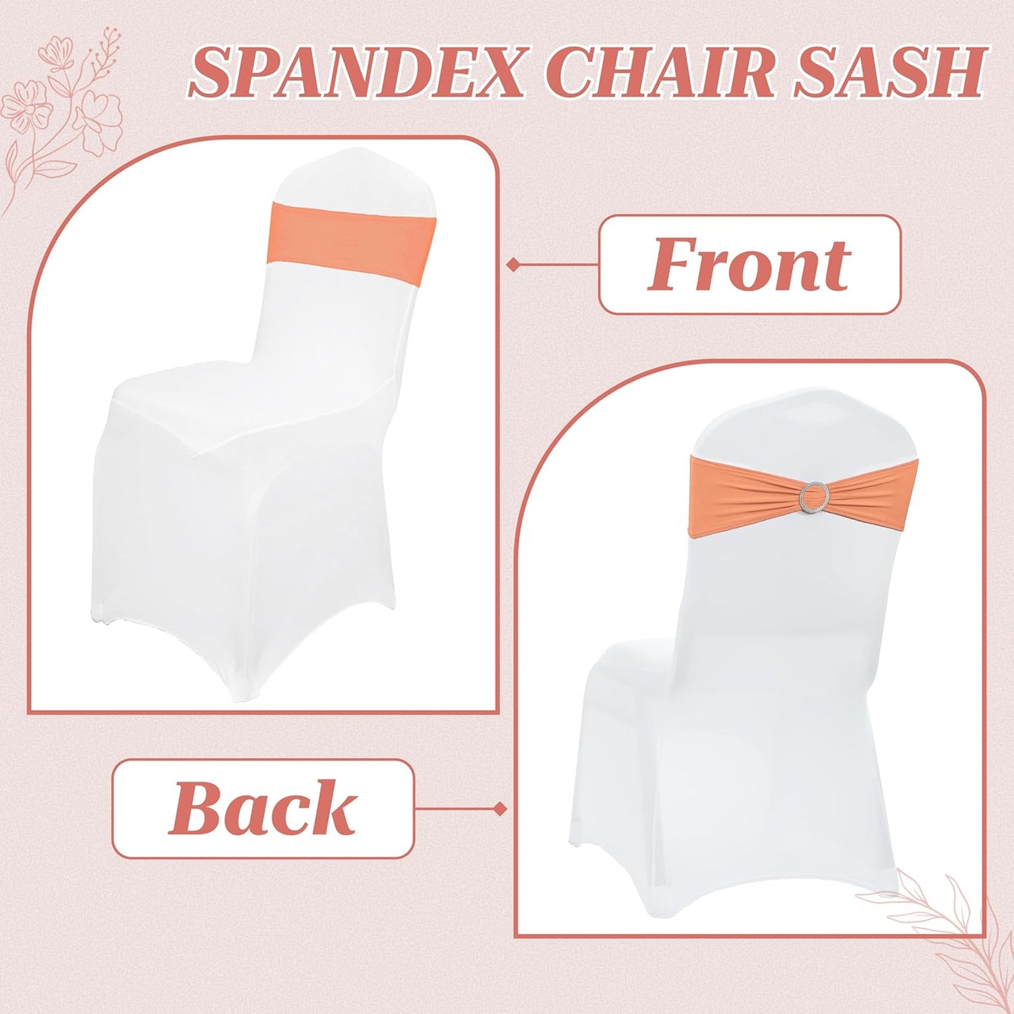MDS Spandex Chair Sashes - Premium Stretch Bow Covers with Buckle Slider | Universal Fit - Peach (Pack of 25)
