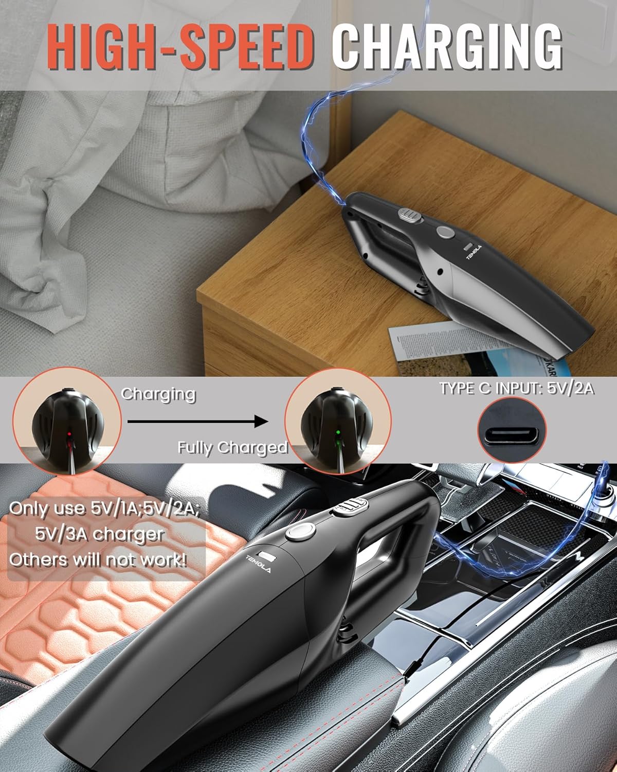 TEMOLA Handheld Vacuum Cordless, 12000Pa Portable Car Vacuum with Brushless Motor, Lightweight Handheld Cleaner