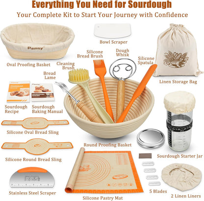 9" 10" Panny Sourdough Starter Kit, Banneton Bread Proofing Basket with Glass Sour Dough Starter Jar, Sourdough Bread