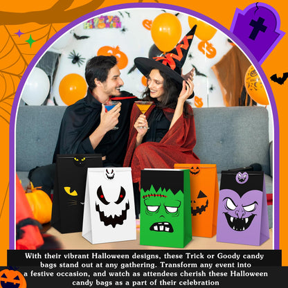 TaoBary Halloween Treat Bags Cute Trick or Goody Bags Halloween Paper Favor Bag with 6 Assorted Designs Stickers for Trick or Goody Birthday Party Event Supplies(60 Pcs)