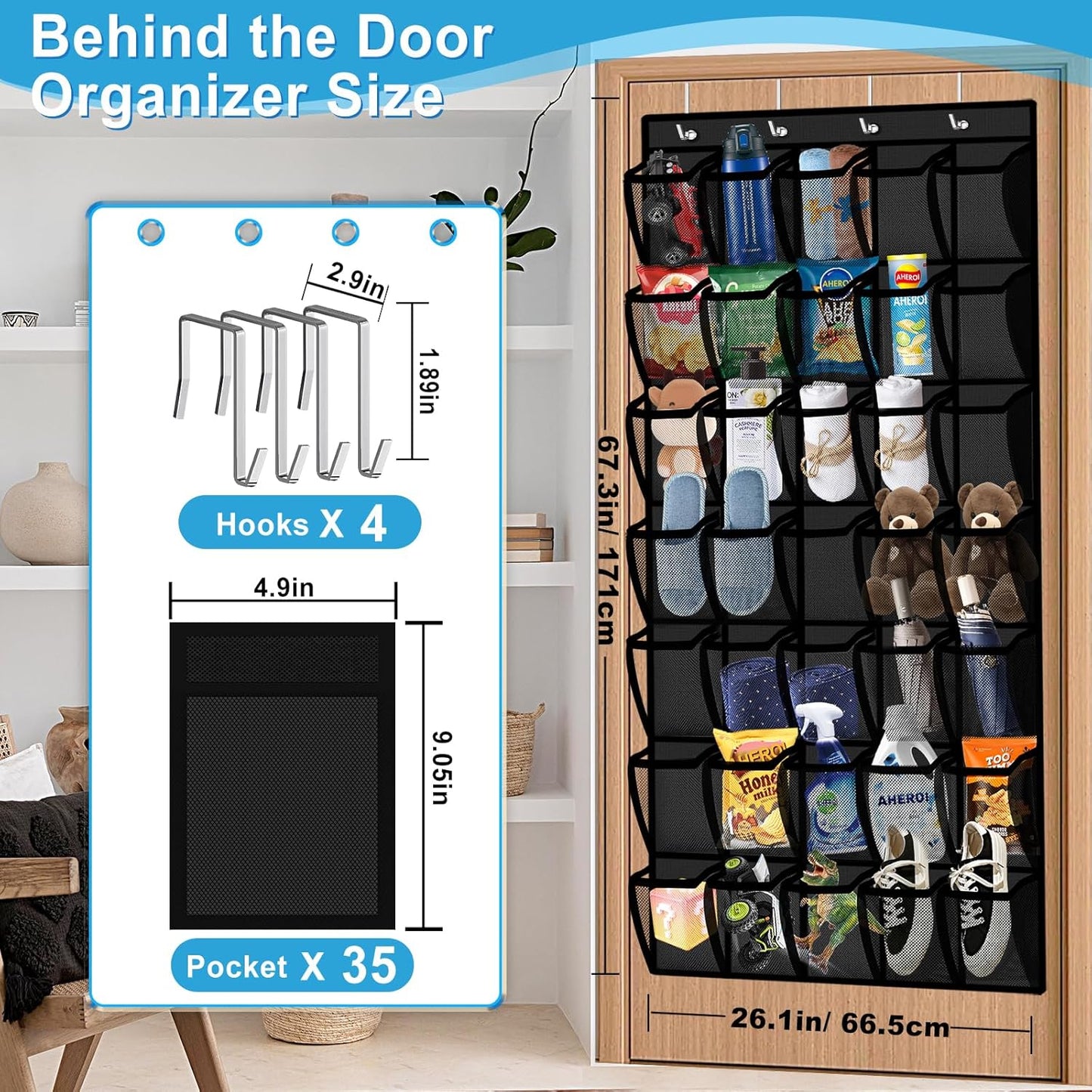 Aheroi 35 Closet 40 lbs, Pockets Large Over the Door Organizer, Breathable Mesh Pockets Hanging Shoe Organizer, Black