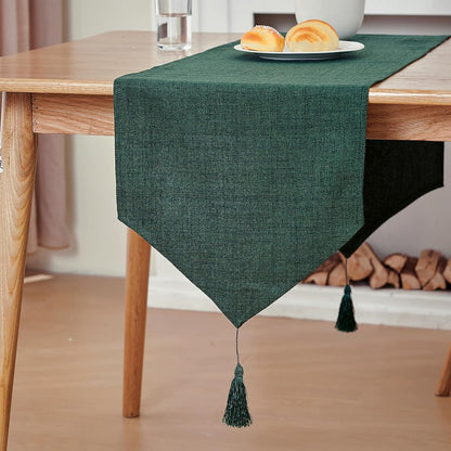 14x95 Inch Faux Burlap Spring Table Runner with Tassels Dresser Scarf Rustic Farmhouse Dark Green St. Patrick's Day