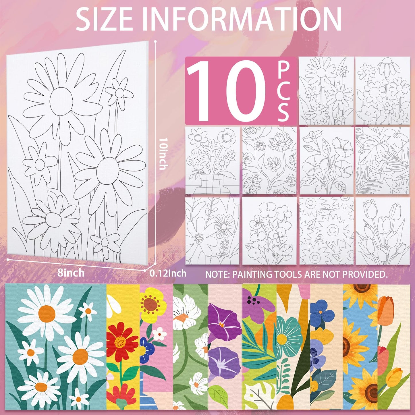 Nuberlic 10 Packs 8X10 Pre Drawn Canvas for Painting Floral Pre Printed Canvas Painting Kit Vibrant Botanical Pre Drawn Canvas to Teens Night Party Supplies
