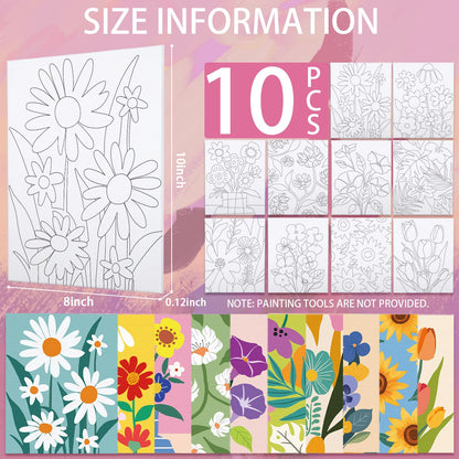 Nuberlic 10 Packs 8X10 Pre Drawn Canvas for Painting Floral Pre Printed Canvas Painting Kit Vibrant Botanical Pre Drawn Canvas to Teens Night Party Supplies
