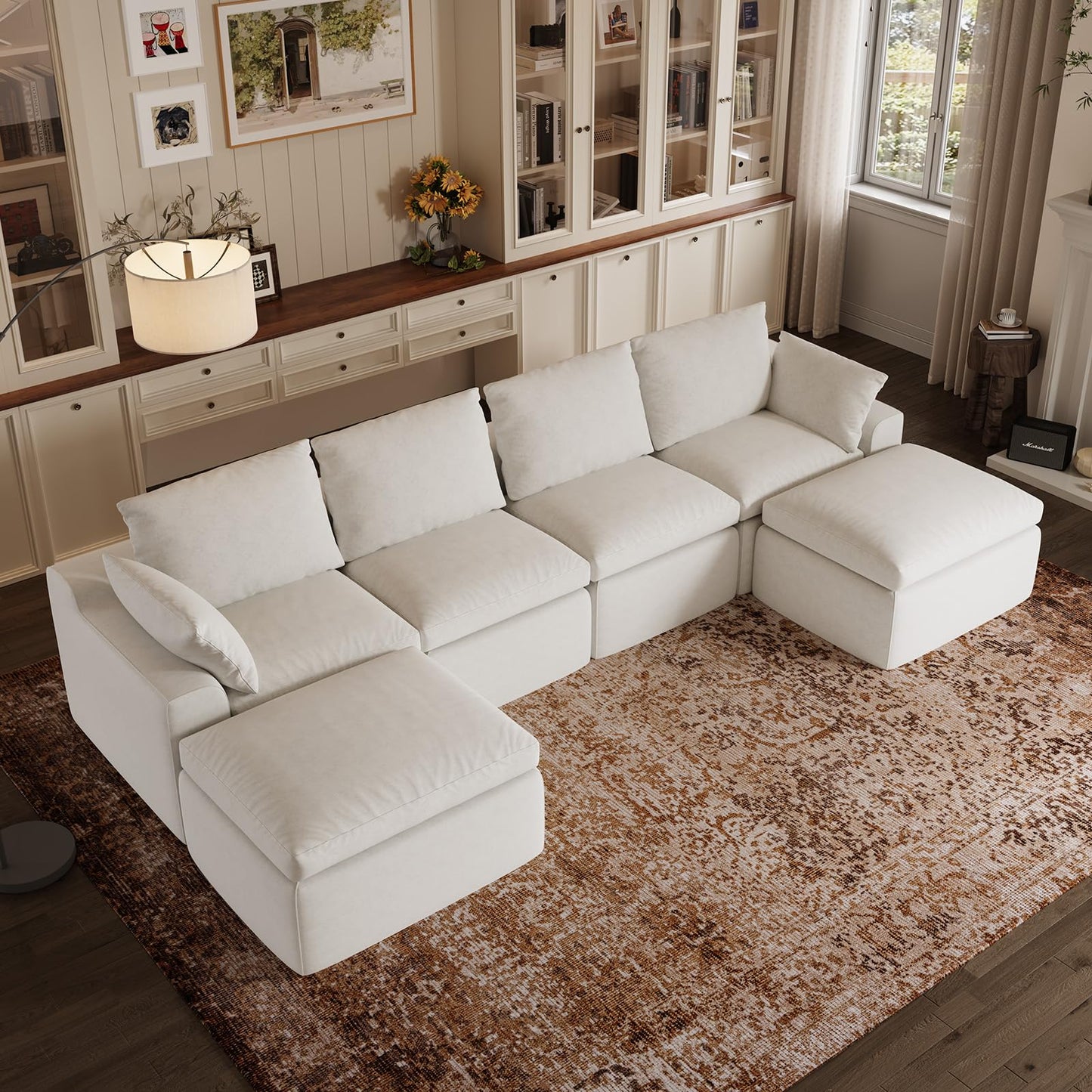 Novilla 133.8" Modular Cloud Couch, Modern Sectional Sofa with Smarts Coil® Support, Chenille Fabric, Upholstered Couch for Living Room Apartments Bedroom, No Assembly, 4 Seater + 2 Ottoman, White