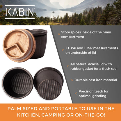 KABIN Spice Mill - Spice Grinder Manual Pepper Mill - Durable Cast Iron Mortar and Pestle Set Herb Crusher - Hand Grind, Measure & Store Your Spices and Herbs- Molcajete Bowl