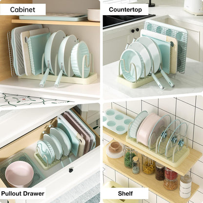 Pots and Pans Organizer for Under Cabinet, 6 Adjustable Compartment Kitchen Cabinet Organizers and Storage for Bakeware.
