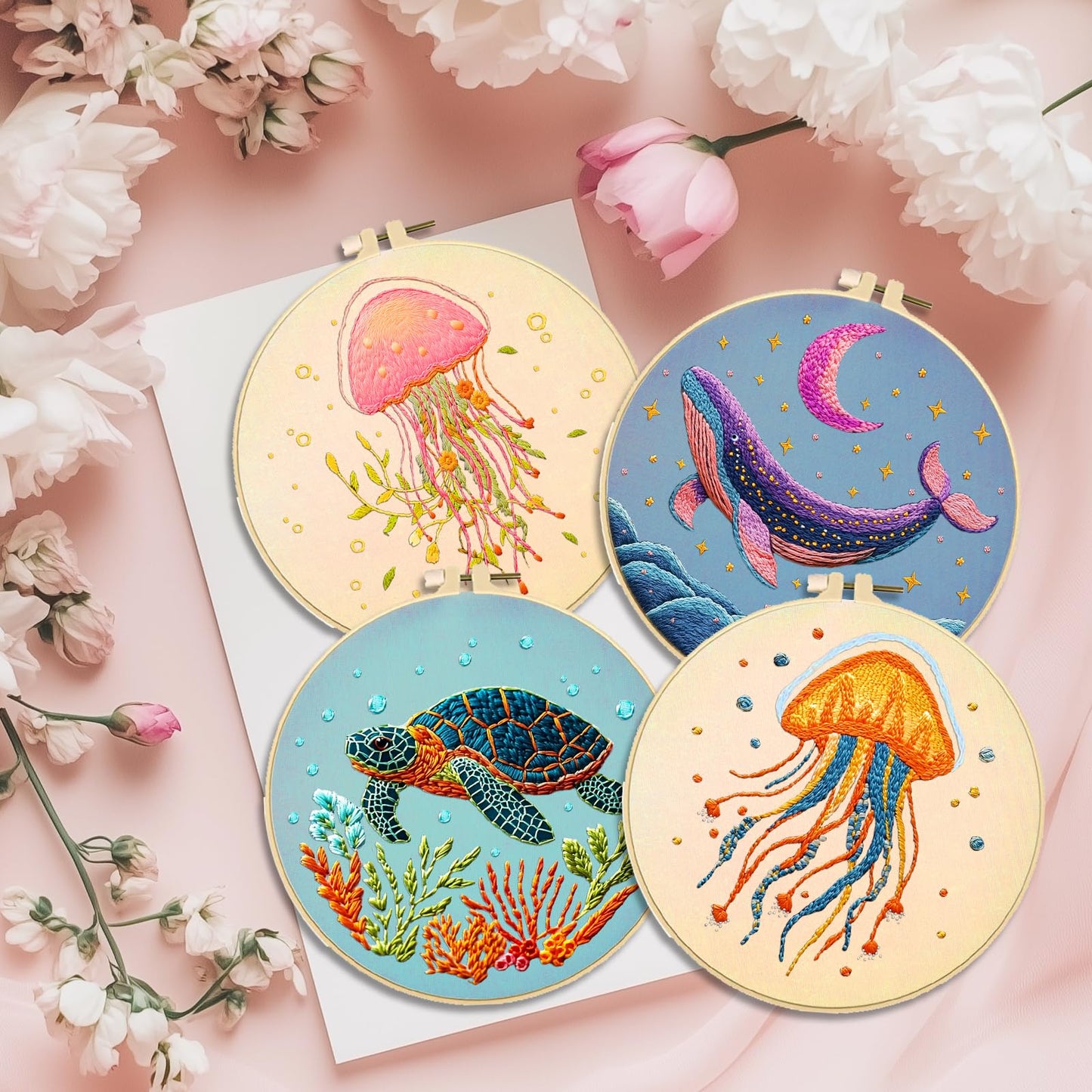 ACRNIGHEET 6PCS Embroidery Kit for Adults Beginners, Sea Animals Embroidery Starter Kit, Stamped Cross Stitch Kits for Crafts Lovers Gift Idea, Include Instructions 6 Stamped Embroidery Cloth 2 Hoop