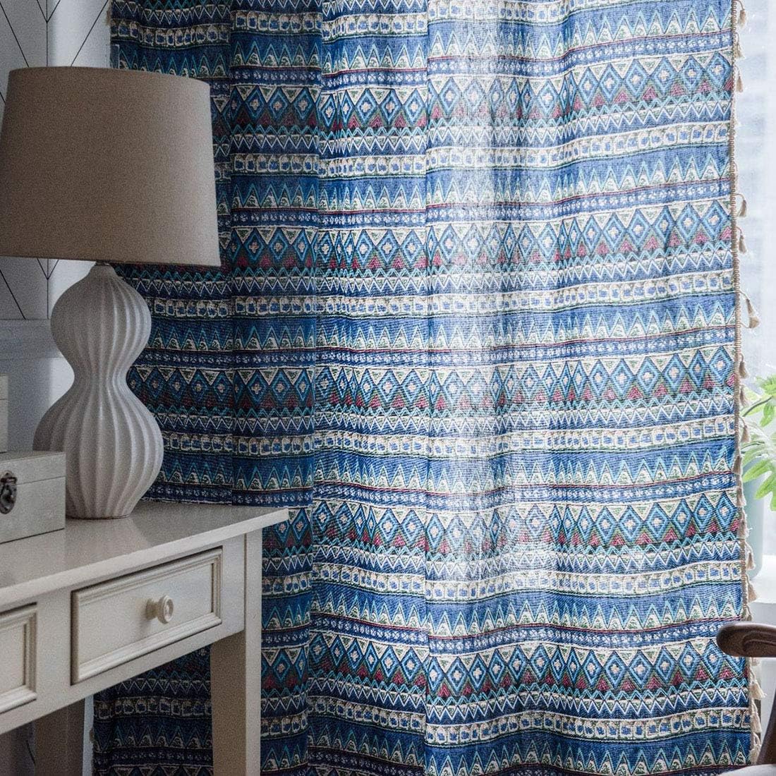 vctops Bohemian Cotton Linen Geometric Printed Window Curtain Panel, Room Darkening Curtain for Living Room, 1 Piece