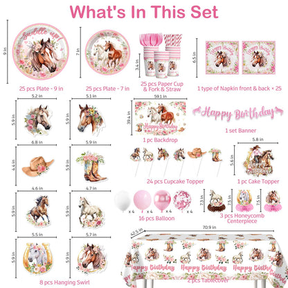 214Pcs Cowgirl Birthday Party Decorations Serve 25, Horse Party Supplies Includes Backdrop, Plates, Napkins, Cups, Banner, Hanging Swirl, Tablecloth, Cake Topper for Girl Birthday Decorations