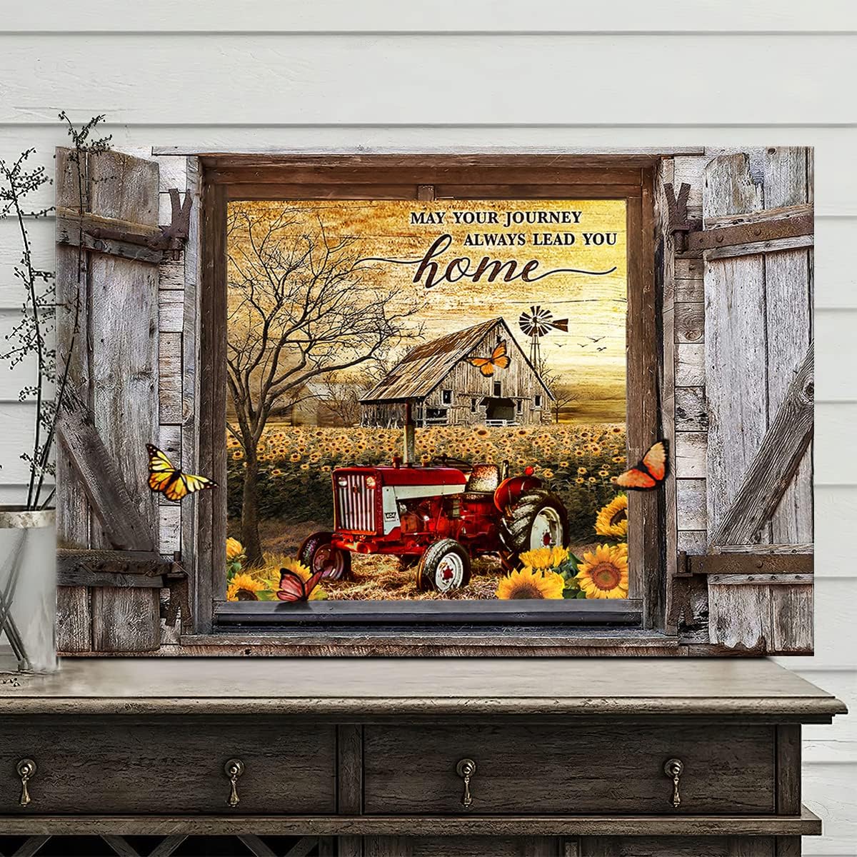 Farmhouse Canvas Wall Art Red Old Tractor Picture, Rustic Sunflowers Country Painting for Kitchen Decor