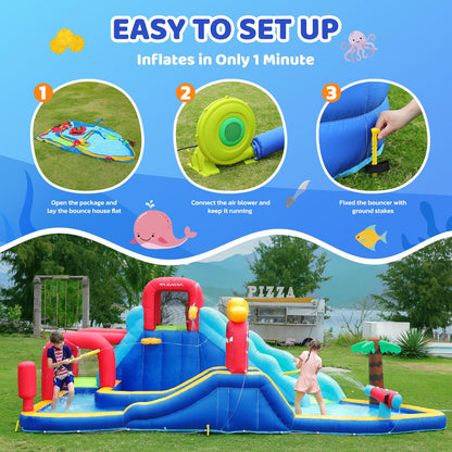 ELEMARA Inflatable Water Slide Bounce House, 10 in 1 Inflatable Water Park with Blower, 2 Slides & 2 Climbing Walls & 2 Water Guns, Deep Pool Giant Splash Pool, Water Slides for Kids Backyard for 6