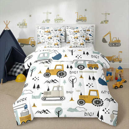 Set 7 Set Set Feelyou Cartoon Car Kids Comforter with Sheets Piece Twin Size Construction Bedding Boys Decor Equipment