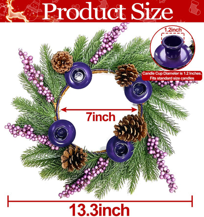 [ Safety Fire Retardant ] Christmas Advent Wreath, Purple Christmas Wreaths with 4 Candle Holder 4 Pinecones 6 Berry Christmas Centerpieces Decorations for Advent Church Table Holiday Home(No Candles)