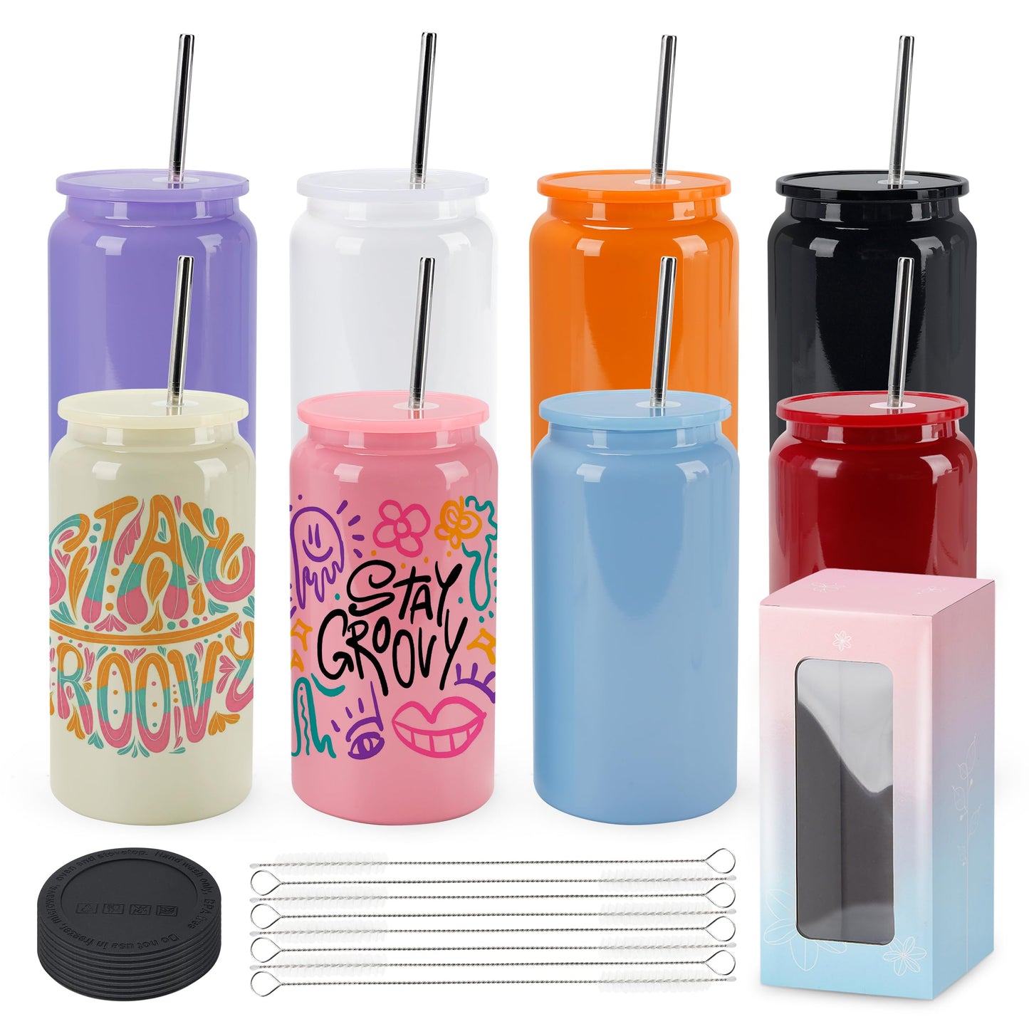 Joyclub 16oz Sublimation Tumblers Blanks Insulated Stainless Steel Cups with Lids and Starw Travel Iced Coffee Cups for Smoothie Whiskey Boba Soda DIY Gift (Colorful)