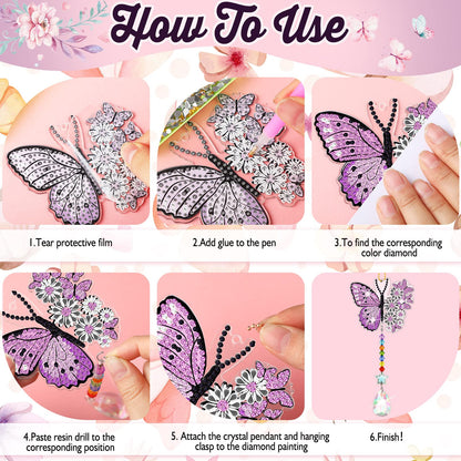 Tradder 6 Pcs Spring Butterfly Diamond Painting Wind Chimes Diamond Painting Suncatcher Art Kit Double Sided Butterfly Ornaments 5d Rhinestone for Spring Home Garden