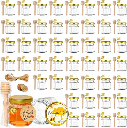 Lids-1.5oz,48 pack GIVAMEIHF Mini Glass Honey jars with Honey Jars,Small Honey Jar with Dipper,Thank You Tags,Jutes