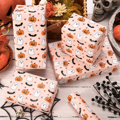 Whaline Halloween Wrapping Paper - Mini Roll - 17 In x 32.8 Ft Cute Pumpkin Ghost Bats Gift Wrap Paper Boho Orange DIY Art Crafts Packing Supplies for Halloween Birthday Baby Shower Holiday Party