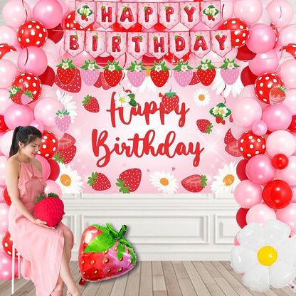ZOYVUX Strawberry Birthday Decorations, Berry Party Decorations Including Balloon Arch Banner, Tablecloth, Backdrop, Cake Topper, Balloons, Hanging Swirls, Plates, Cups For Strawberry Themed Party