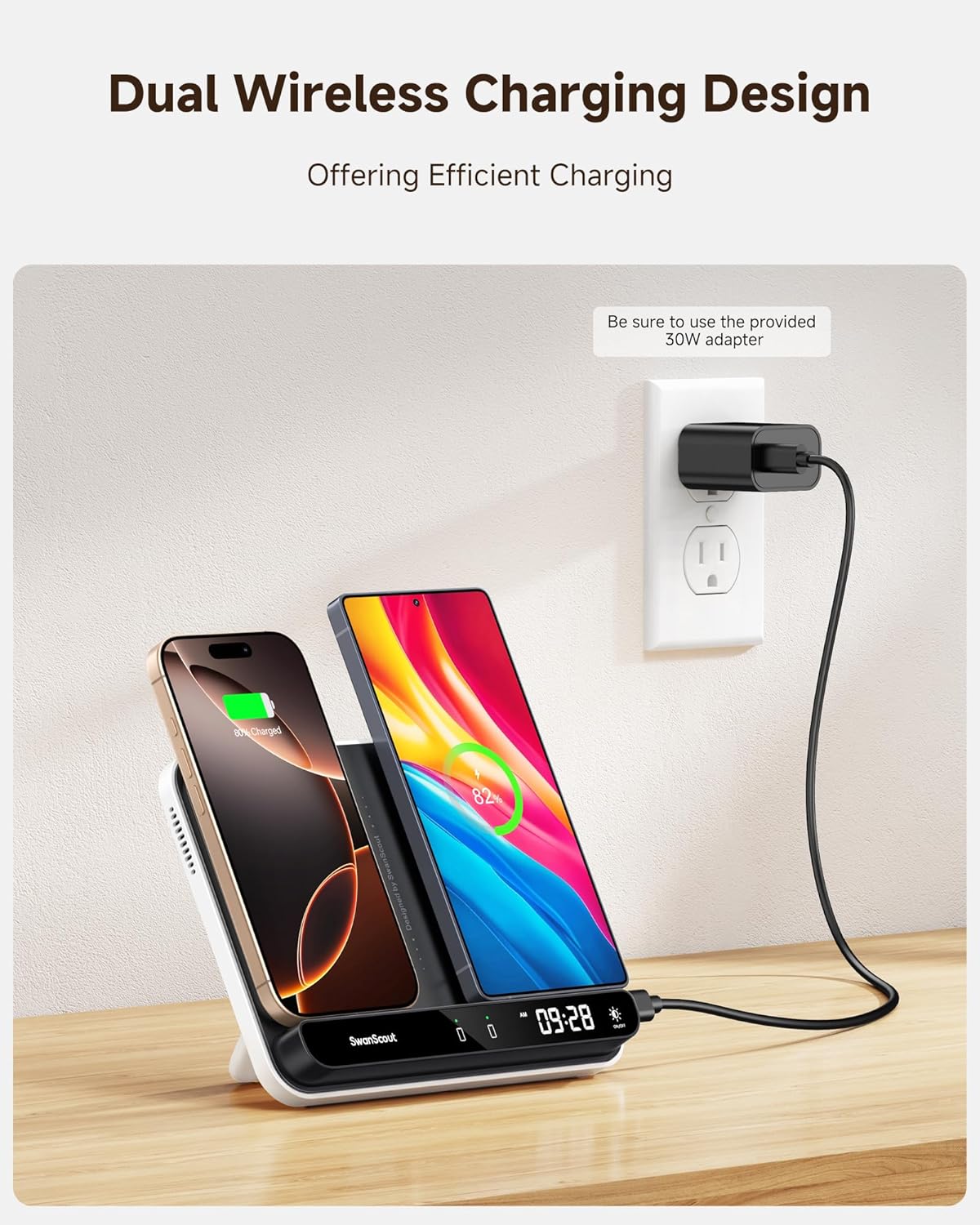 Dual Wireless Charger Stand, SwanScout 504, Foldable Wireless Charging Station Pad for iPhone Air/17/16/15 Series, Samsung Galaxy S25/S24/S23, Google Pixel 10/9/8, Android Phones, AirPods/Galaxy Buds