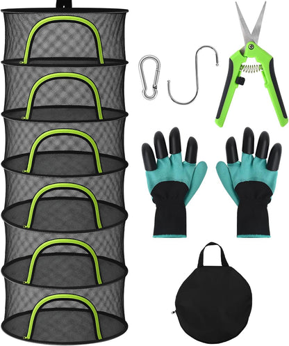 BRIVADO 6 24" Herb Drying Rack Hanging Mesh Layer with Zipper, Gloves, Garden Pruning Shear, Hook & Carabiner Clip