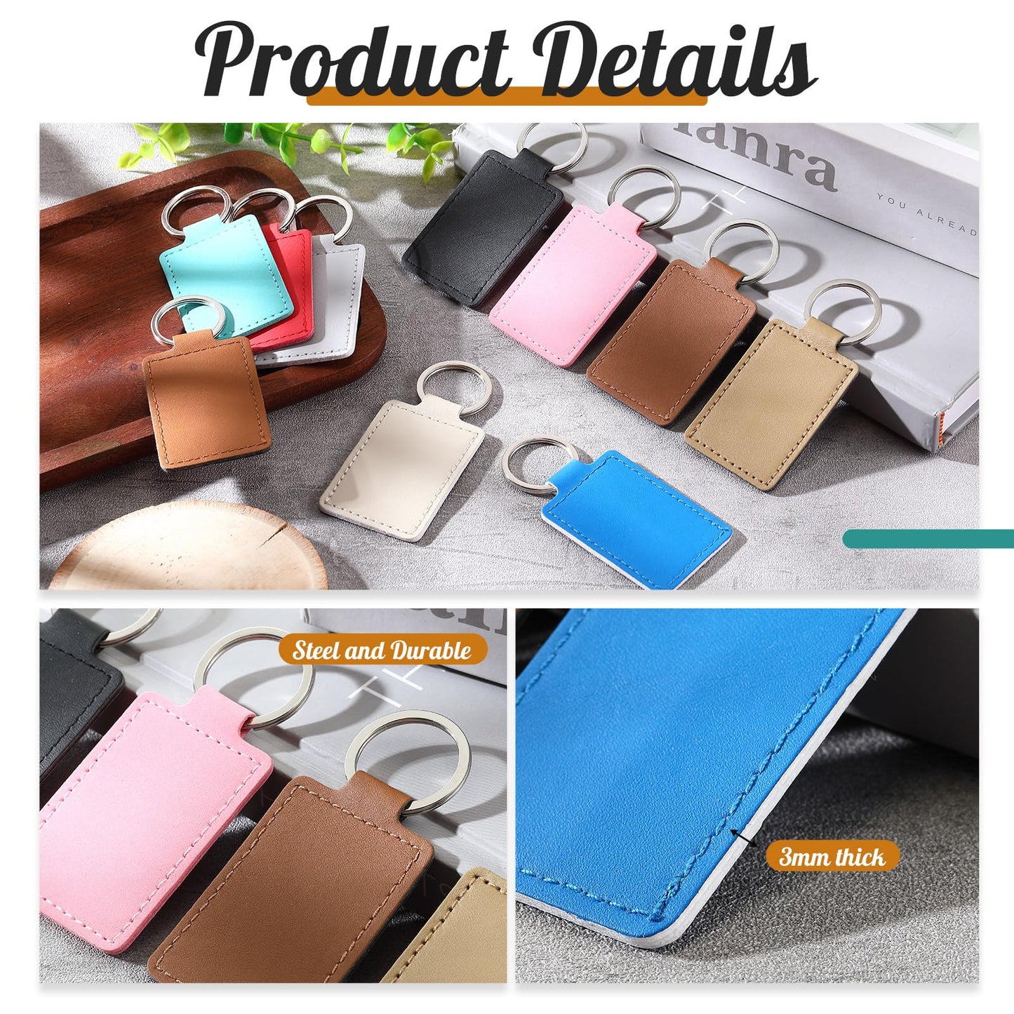 Wonderjune 50 Pcs PU Leather Keychain Blanks Bulk with 50 Rings Laser Engraving Blanks Keychain Kit for DIY Supplies Gifts(Multicolored)