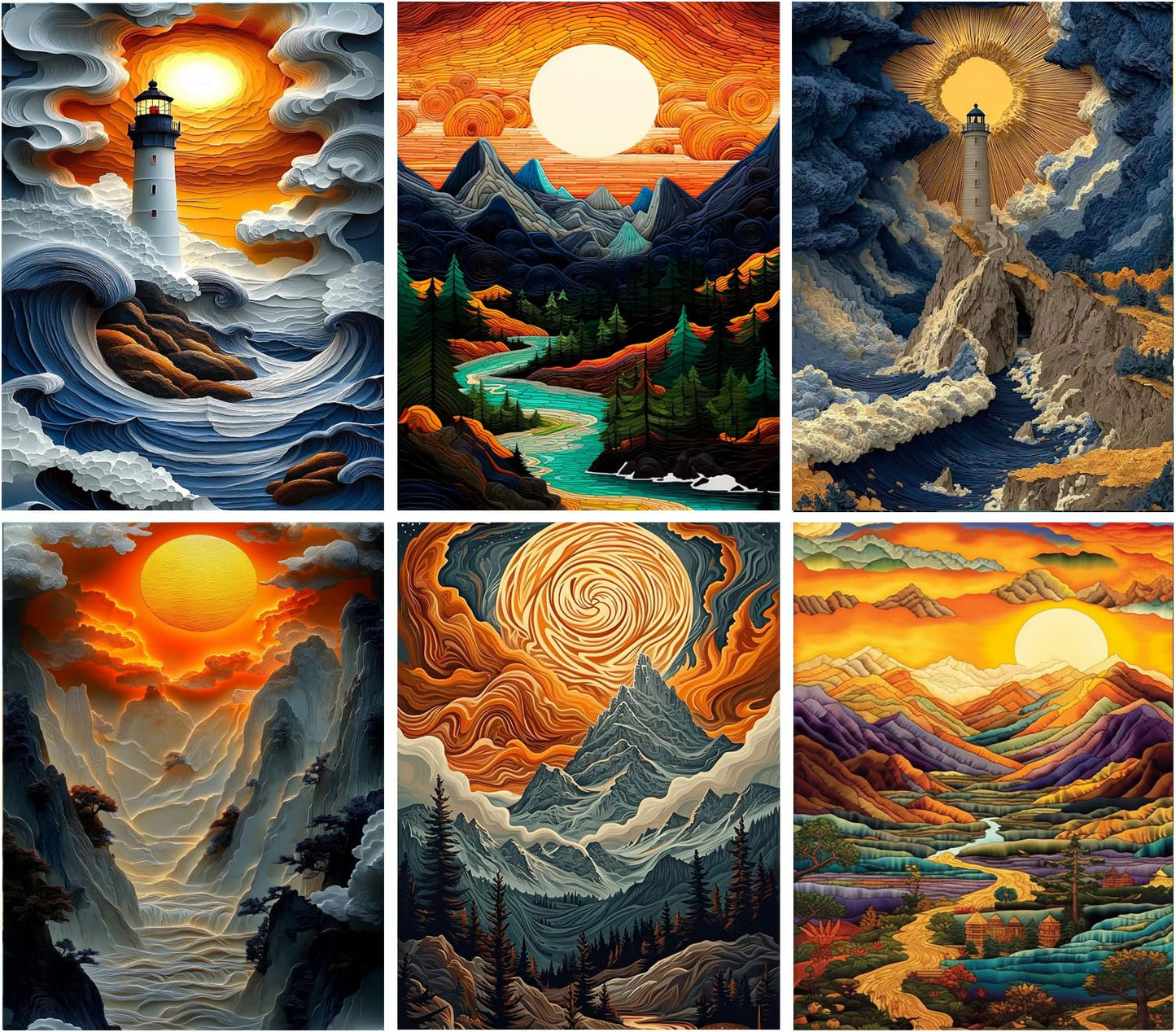 Yijingtop 6 Packs Abstract Landscape Diamond Art Kits for Adults,5D DIY Paint with Round Full Drill Diamonds Paintings Gem Art Kits for Home Wall Decor Gift (12X16 Inch)