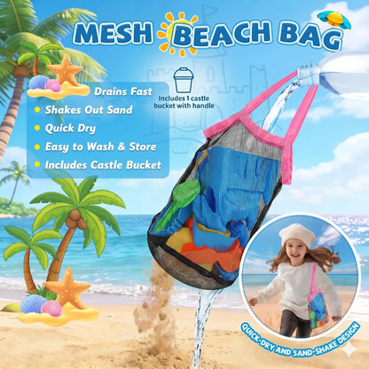 SupMLC Beach Toys, 27 Pcs Sandbox Toys for Kids, Sand Castle Building Kit, Sand Buckets, Collapsible Mesh Bag, Shovels, Dinosaur Molds – Travel Sand Toys for Boys Girls Age 3-10 Beach Accessories