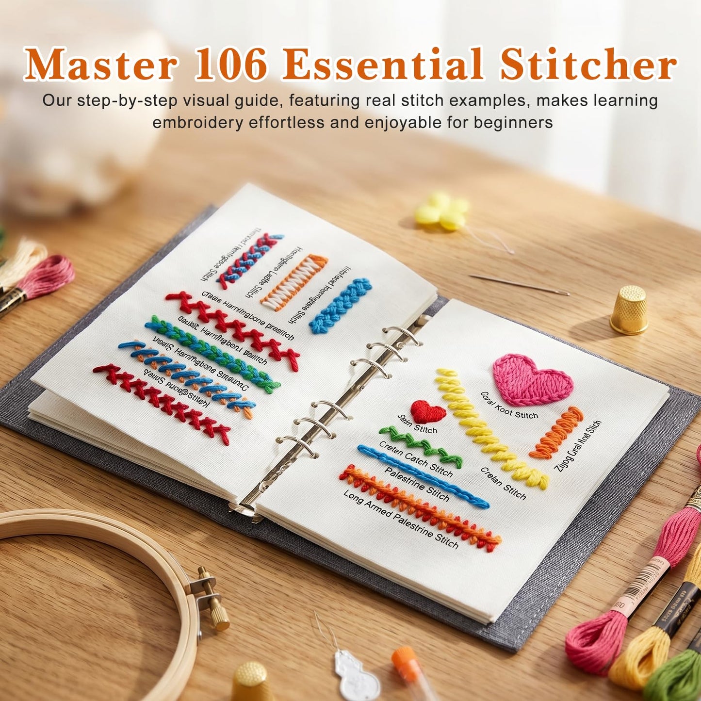 Tofficu Upgraded Embroidery Stitch Book Kit - Beginner Cross Stitch Kit with 6-Ring Binder, 180 Patterns, 24-Color Threads & Tools, All-in-One Embroidery Starter Practice Book for Adults DIY Craft