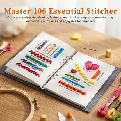 Tofficu Upgraded Embroidery Stitch Book Kit - Beginner Cross Stitch Kit with 6-Ring Binder, 180 Patterns, 24-Color Threads & Tools, All-in-One Embroidery Starter Practice Book for Adults DIY Craft