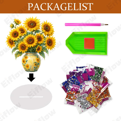 Eiflow Desktop Diamond Art Kit for Adults Vase Sunflower, DIY Tabletop Diamond Art Painting with Stand, Acrylic Stand Up Gem Painting Board Kit