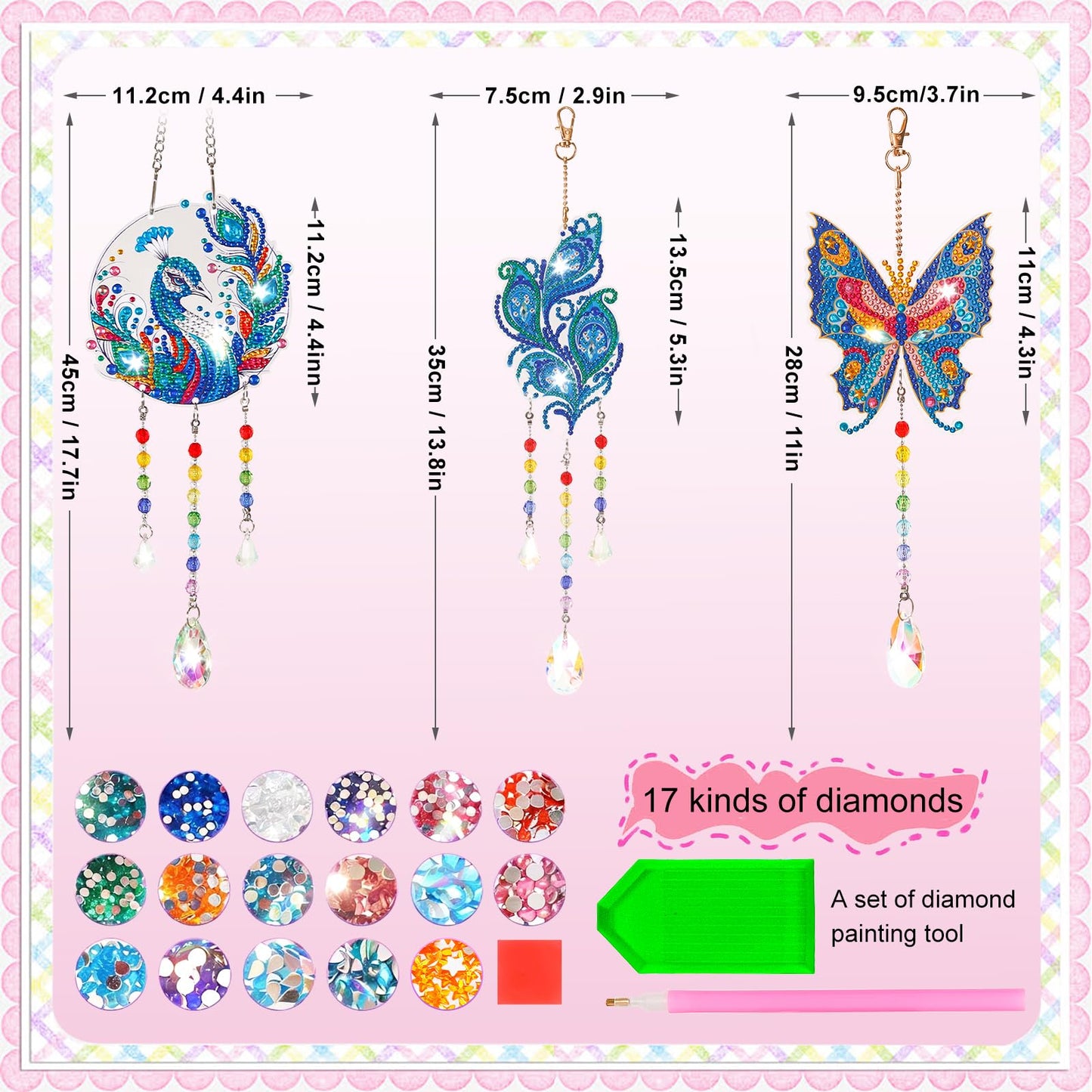 VibyTiby 3 pcs Diamond Art Kit, DIY Suncatcher Craft with Crystal Pendants for Home Garden Window Decor, Creative Gift for Craft Lovers