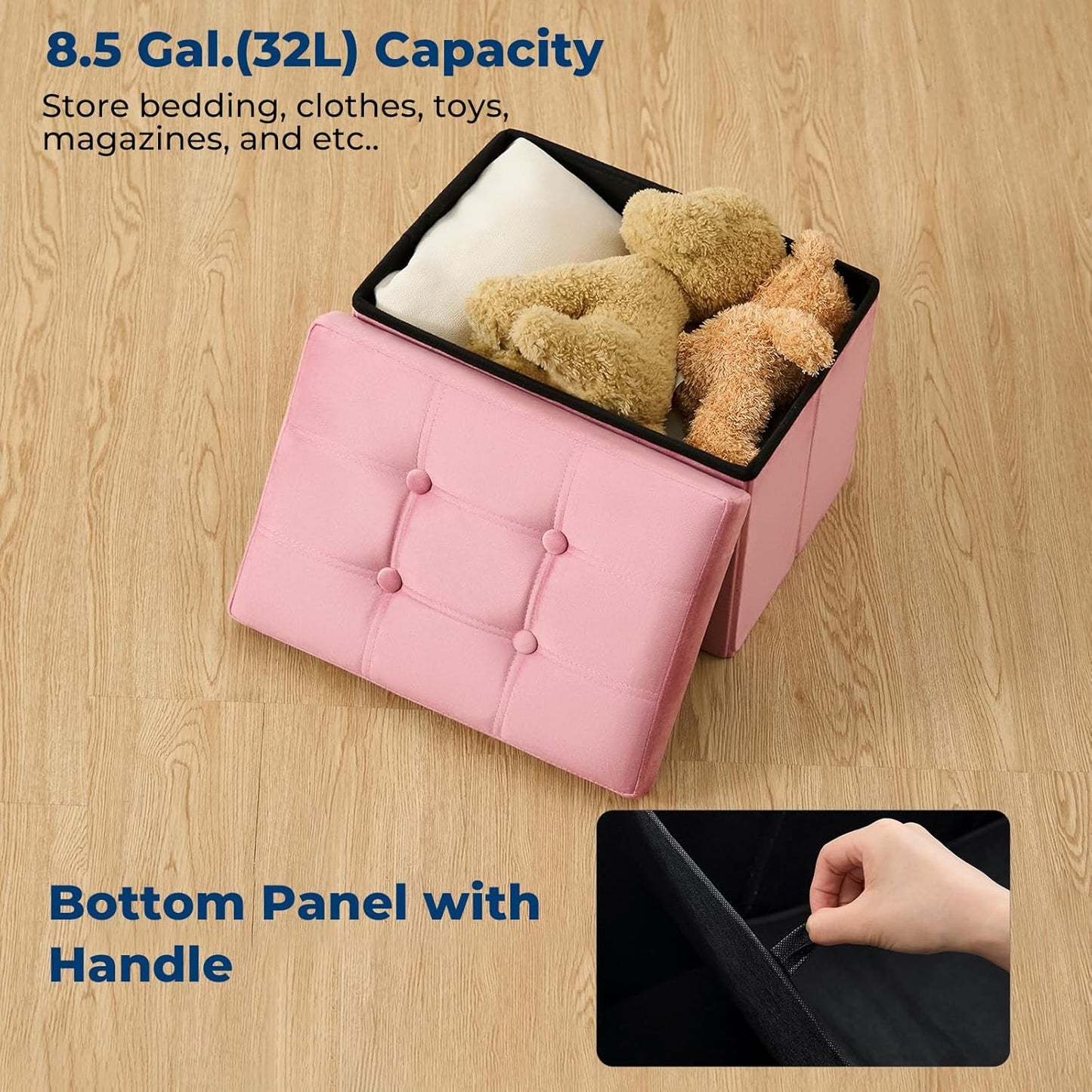 16.1 Inches Storage Ottoman Foldable Small Ottoman Foot Rest Foot Stool Velvet Ottoman with Storage for Living Room