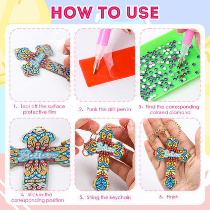 INCOK Cross Diamond Painting Keychains - 12PCS 5D Diamond Art Christian DIY Key Chain Kit DIY Key Ring Inspirational Gift Pendant for Beginner Adults Crafts Ornament