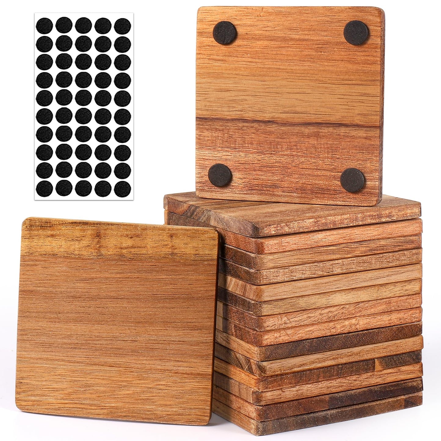 16 Pieces Unfinished Wood Coasters, 4 Inch Square Acacia Wooden Coasters for Crafts with Non-Slip Silicon Dots for DIY Stained Painting Wood Engraving Home Decoration