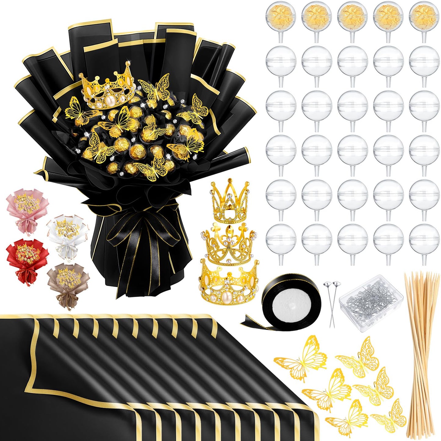 Funnymoom 109 Graduation DIY Chocolate Flower Bouquet Kit 2026 Candy Rose Clear Acrylic Lollipop Ball Holder Floral Wrapping Paper 3D Gold Butterfly Crown Ribbon Grad Gift(Black and Gold)