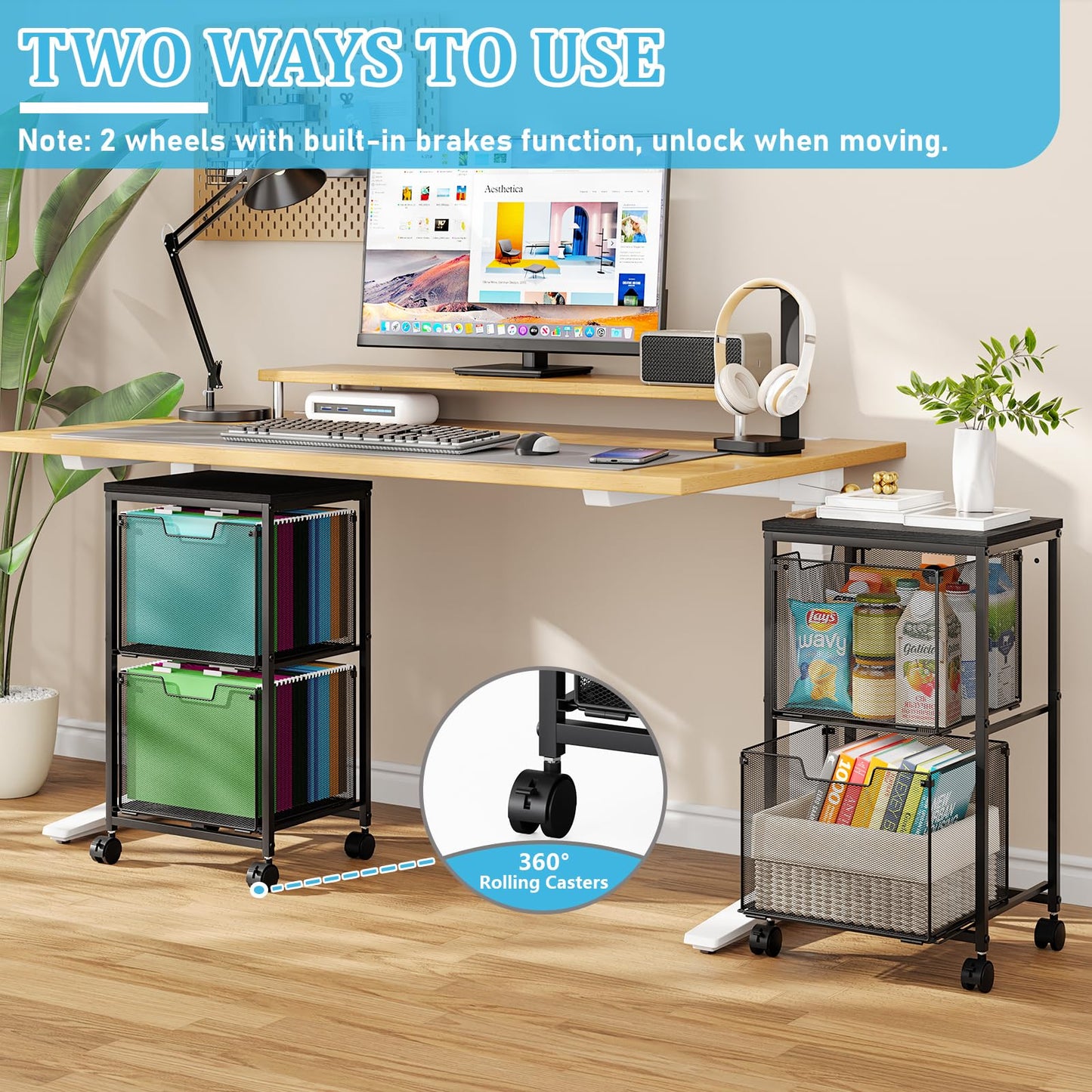 Sbanmao Rolling File Cart with 2 Storage Drawers, Mobile File Cabinet with Wheels, Hanging File Folder Organizer, Under Desk Storage, Printer Stand Utility Cart Filing Cabinet for Home Office,Black