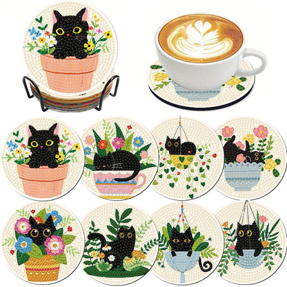 Clendo 8 Pcs Black Cat Diamond Art Coasters Kit - DIY 5D Small Diamond Painting Coasters with Holder, Flowers Diamond Art Kits for Adults Coasters, Arts and Crafts for Adults