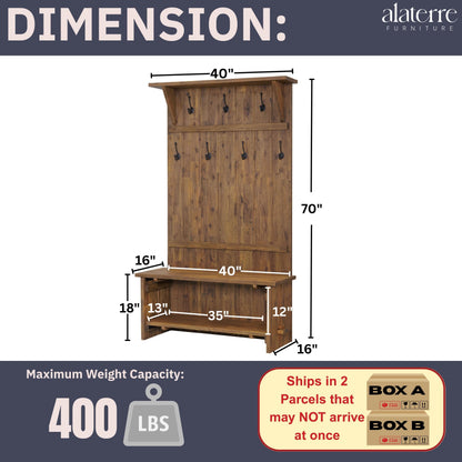 Alaterre Furniture Bethel Hall Tree with Bench – Rustic 70-Inch Entryway Organizer with 7 Metal Double Coat Hooks, Solid Wood Bench and Storage Shelves for Mudroom or Hallway (Natural Aged Brown)