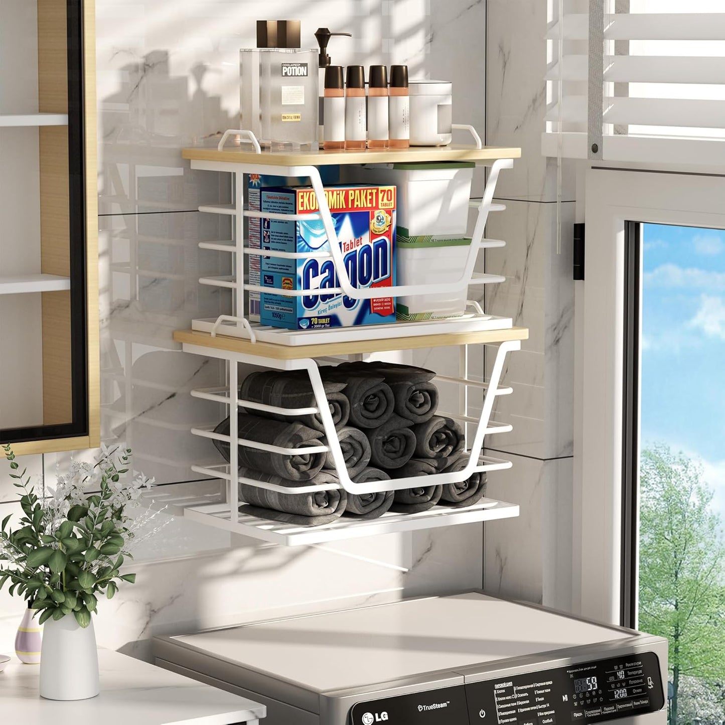 Countertop Trash Bag Holders with Wood Top, Large & Small Garbage Bag Dispenser for Kitchen, Pantry, Laundry Room