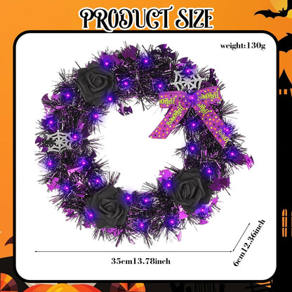 Halloween Wreath for Front Door with Lights,13 Inch Spider Web and Black Rose Wreath Halloween Decorations for Indoor Window Party Holiday Wall Home Decor (Spider Web)