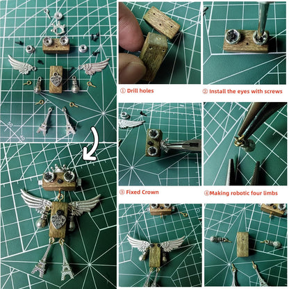 DEUXPER Unique Cross Necklace DIY Set - Wooden Steampunk Robot Charms Pendants, Keychain Decor, Cute Bag Chain, Gold Silver Jewelry Gifts Craft Project for Women Men