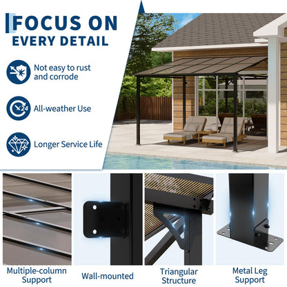 Acekool 10x10 Ft Wall Mounted Gazebo Pergola, Outdoor Lean to Gazebo Hardtop with Polycarbonate Roof, Upgraded Steel Frame Hardtop Pavilion for Patio, Garden, Lawn, Deck