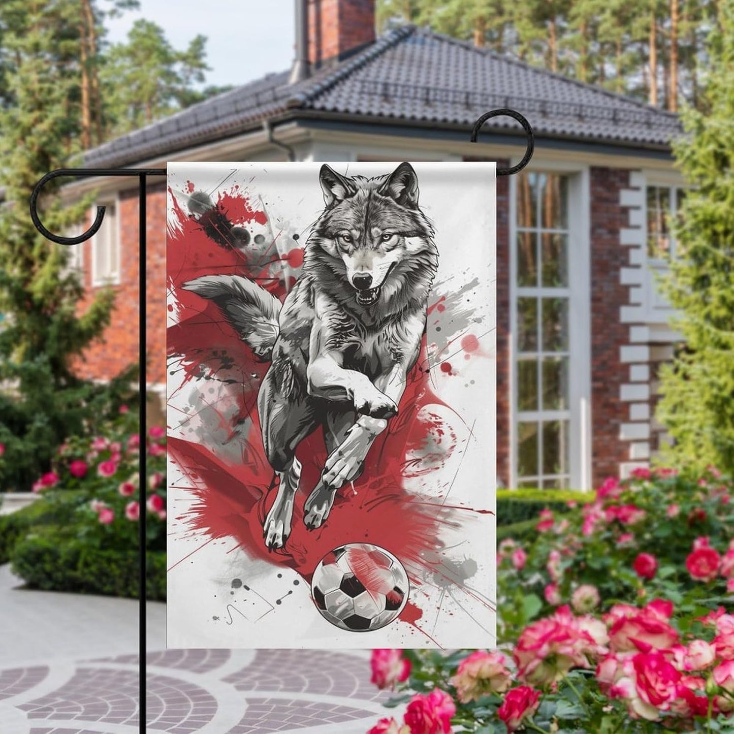 Wolf Playing Soccer Garden Flag Silver and Black Double Sided 12x18 Inches for Holiday Decoration Home Decor