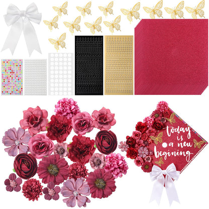 Gilprop 56 Pcs Graduation Grad Cap Decorations Kit DIY Glitter Card Stock Construction Paper Bow Artificial Flower Heads 3D Butterfly Rhinestones Letter Stickers Adhesive Dots for Grad Hat(Red)