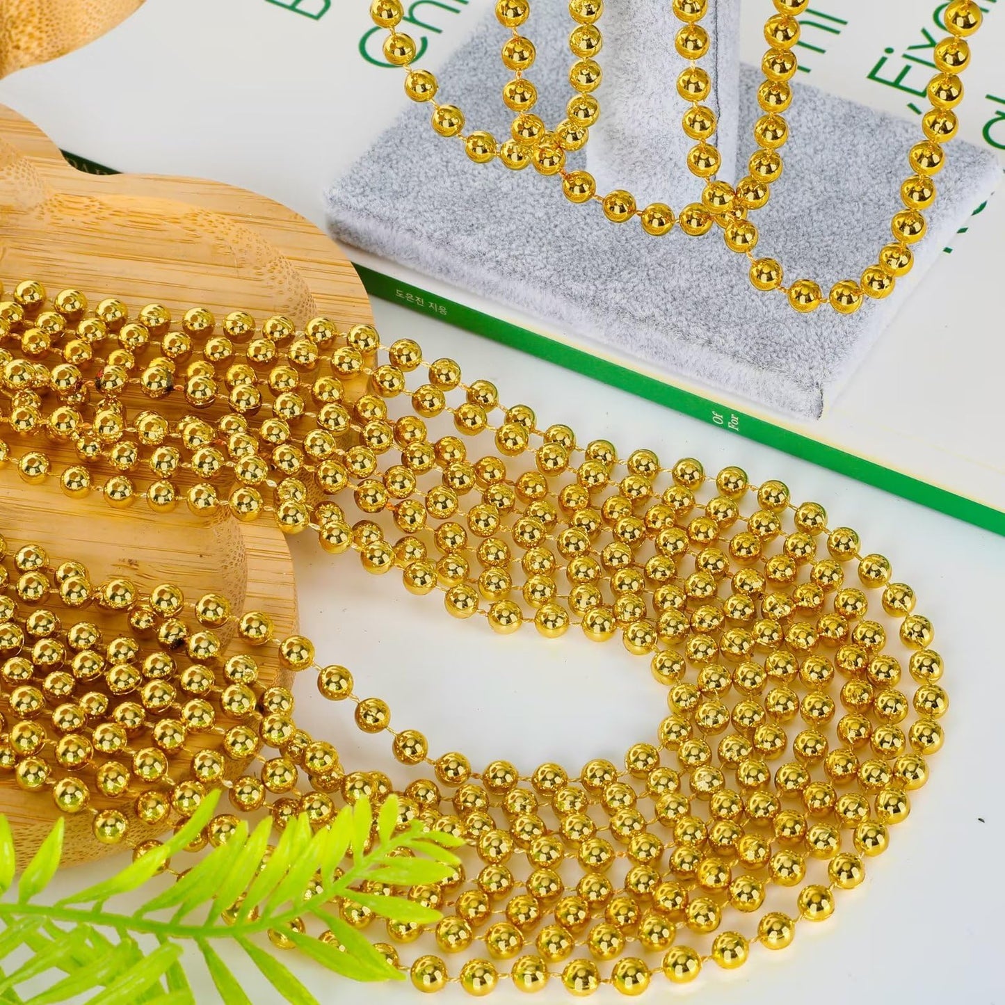Gold Bead Necklace, 24PCS Christmas Bead Necklaces Stuff, 33" Mardi Gras Xmas Beaded Necklace Costume, Festival Parade Throw Accessories for Wedding Birthday Pirate Party Baby Shower Supplies Decor