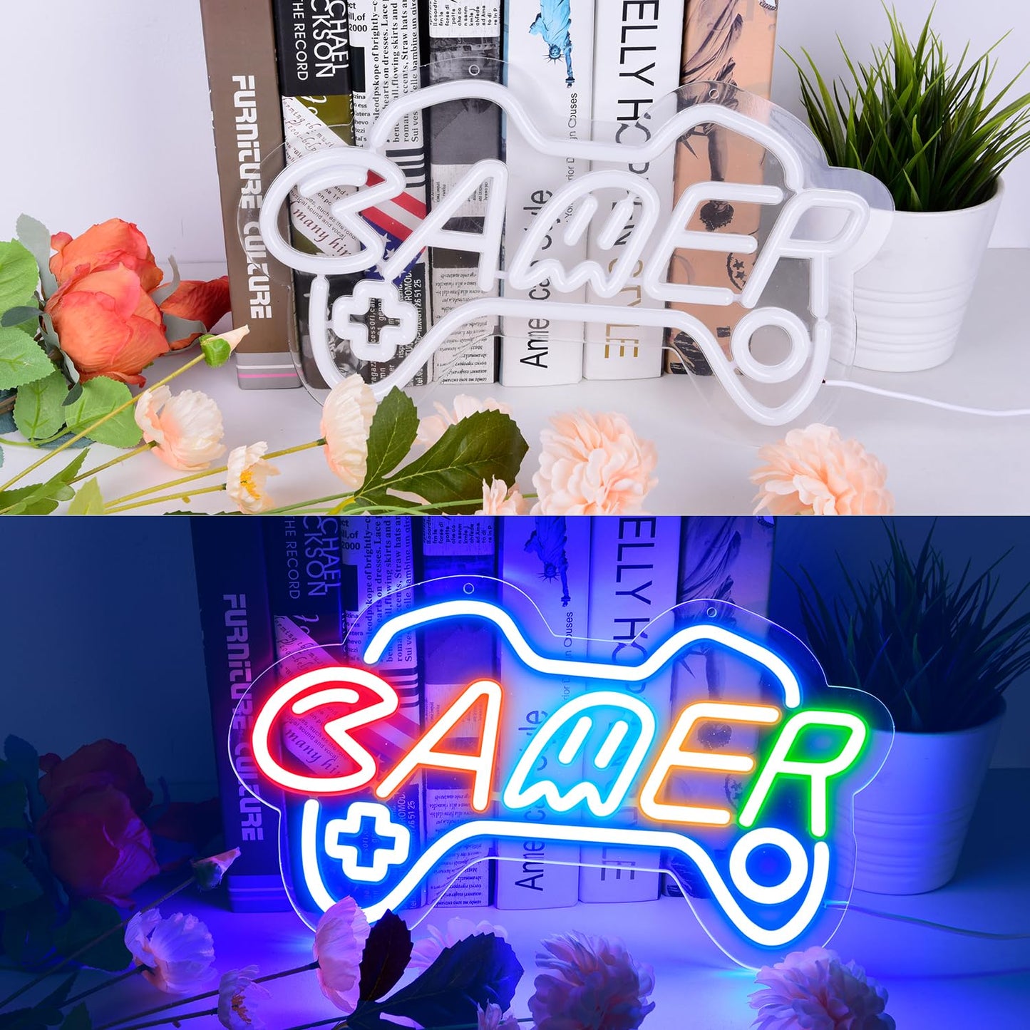 Reezldokn Gamer Neon Sign for boy room decor, 15 * 9 inch Blue Gaming led lights with USB Power and Dimmer Switch for game room decor,teen's room,man cave,adult and Kids