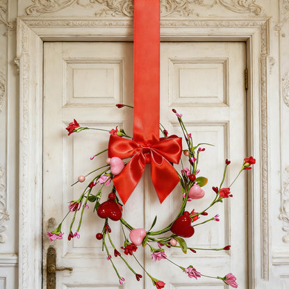 2 Pcs 10" Mini Valentine Candle Rings Wreath for Front Door Small Valentine's Day Red Heart Berry with Forsythia Flowers Decor for Kitchen Cabinet Porch Wall Window Chai (Pink)