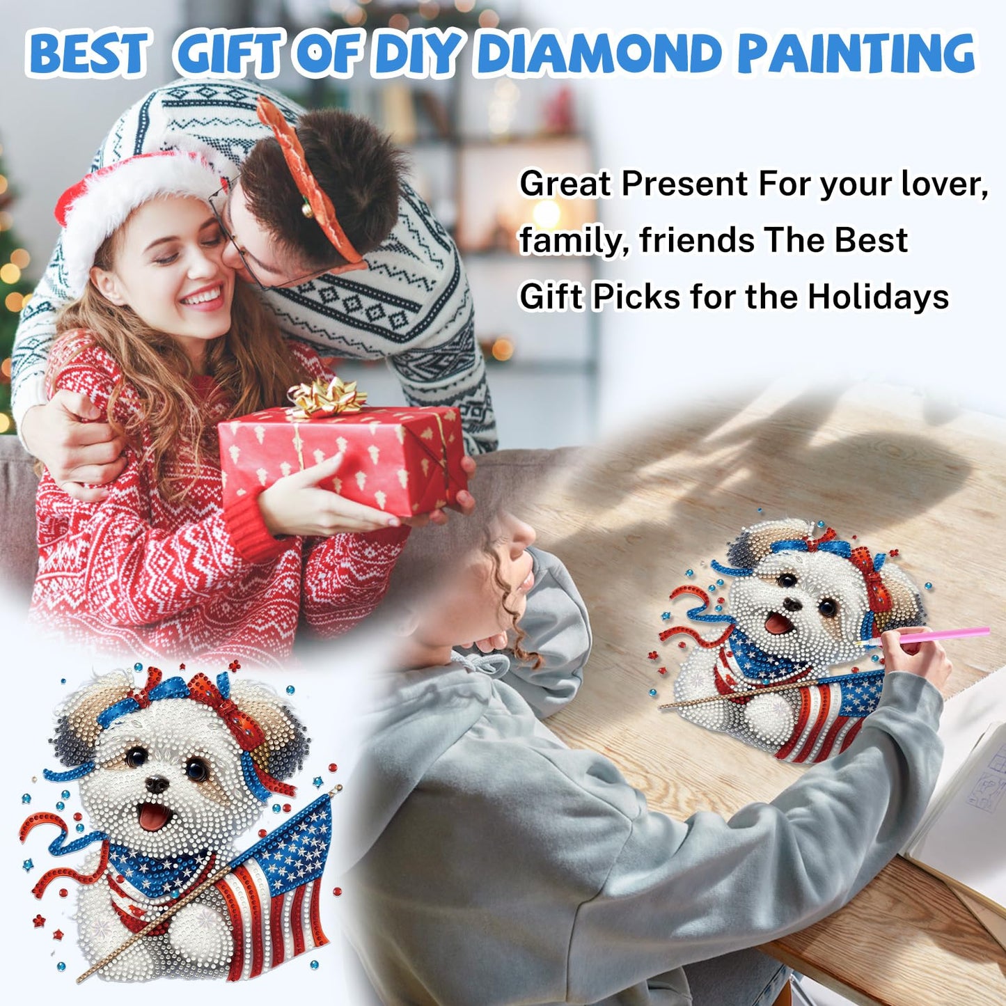 Bowetile 4th of July Diamond Art Hanging Kits for Adults,5D Diamond Painting Dog Window Pendant Kits, Special Shape Gem Art Suncatchers USA Flag Ornament for Home Garden Wall Decor Gifts