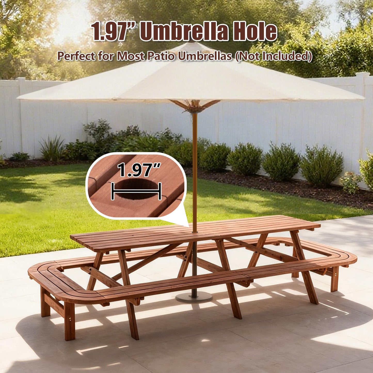 Voryvans 16 Person Wood Picnic Table with Attached Benches & Umbrella Hole,Rectangle Brown Outdoor Wooden Dining Table & Chairs for Patio Yard Garden Porch Deck